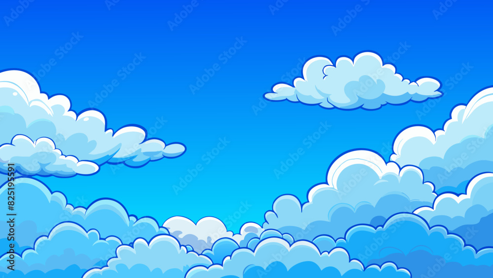 Poster a bright blue sky dotted with soft fluffy clouds that lazily drift by. the air is still and calm wit
