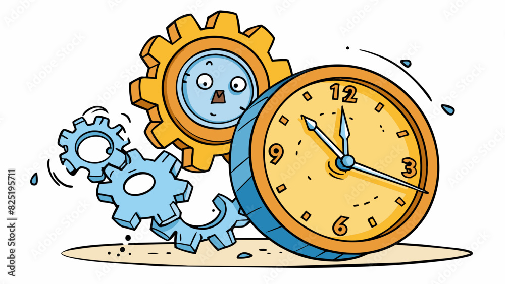 Poster A broken clock its hands frozen at a quarter to twelve the gears no longer turning a sign that time has come to a standstill.. Cartoon Vector.