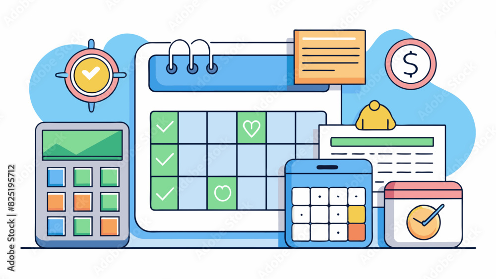 Poster A budgeting application that helps users track their expenses and income. The objects within the app include a calendar view to track upcoming bills. Cartoon Vector.