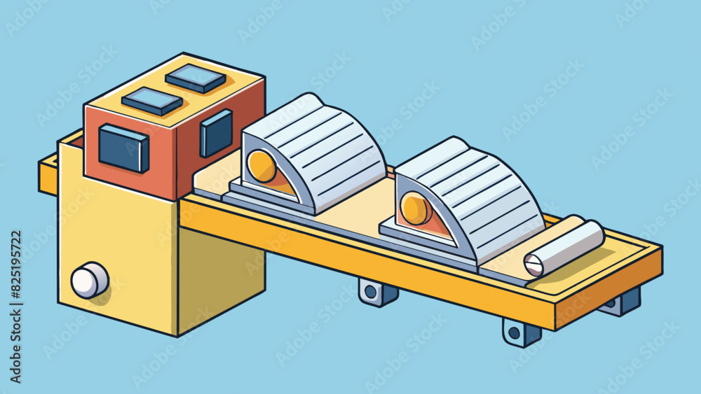 Poster A bulky industriallooking device with a conveyor belt running through it. Paper is fed into one end and comes out the other side as multiple copies. Cartoon Vector.