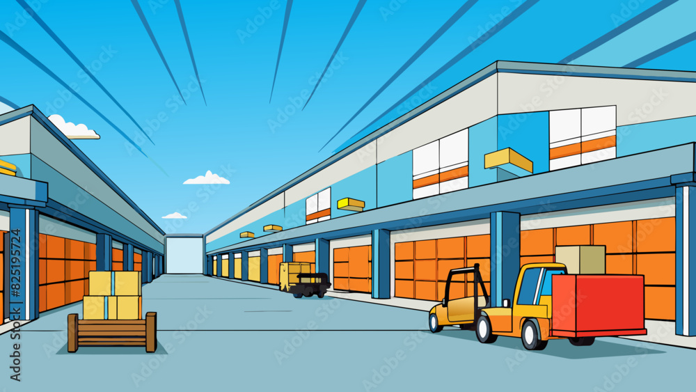 Sticker a build is a large industrial warehouse made of metal and concrete. it has high ceilings and large l