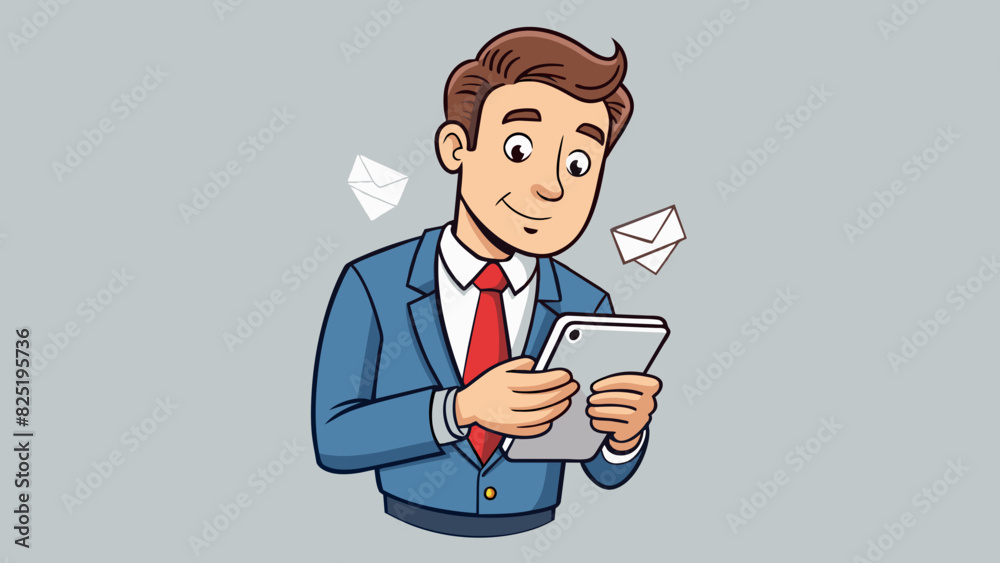 Poster A businessman scrolling through his phone with a serious expression on his face. His fingers move quickly and purposefully showing his intent to reply. Cartoon Vector.