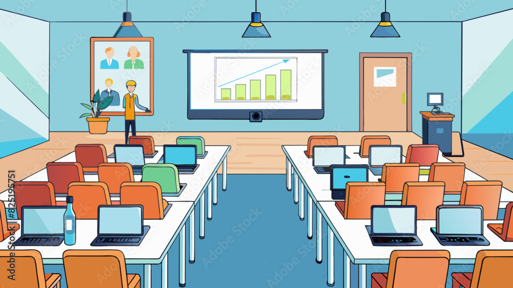 Poster A business conference In a sleek conference room rows of chairs face a large projector screen at the front. A long table is lined with laptops and. Cartoon Vector.