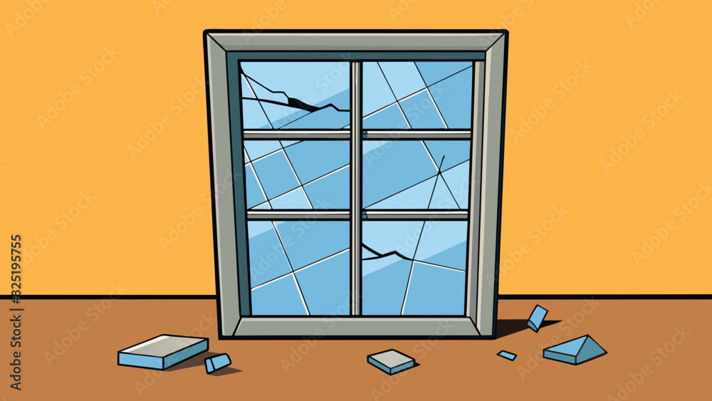 Poster A broken window The window was shattered with sharp pieces of glass tered on the ground beneath it. The frame was dented and the glass had cracks. Cartoon Vector.