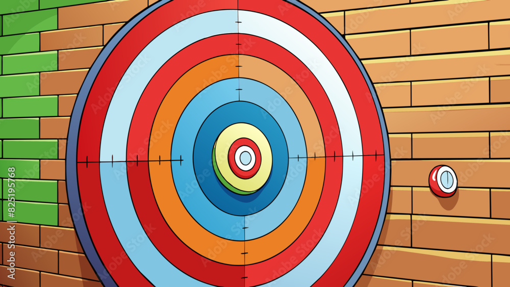 Poster A bullseye target hangs on a shooting range wall with concentric circles of different colors extending out from its centre. The bright red bullseye at. Cartoon Vector.
