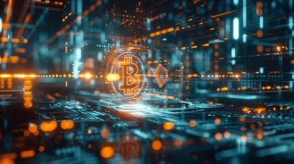 Futuristic Bitcoin Hologram, High-Tech Room with Focused Beams and Digital investment Illustration