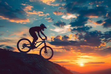 Inspirational Sunset Silhouette of Mountain Biker on Hilltop - Ideal for Motivational Prints, Cards, and Posters