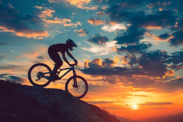 Obraz premium Inspirational Sunset Silhouette of Mountain Biker on Hilltop - Ideal for Motivational Prints, Cards, and Posters
