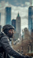 Obraz premium Urban Cyclist at Sunset with City Skyline - Perfect for Personal and Urban Content