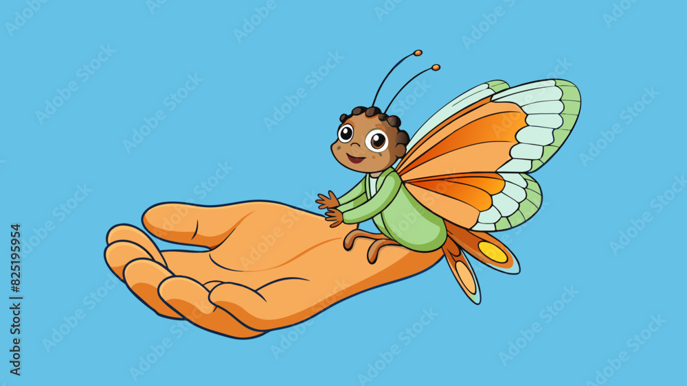 Poster a butterfly delicately resting on a childs palm its colorful wings fluttering gently in the warm bre