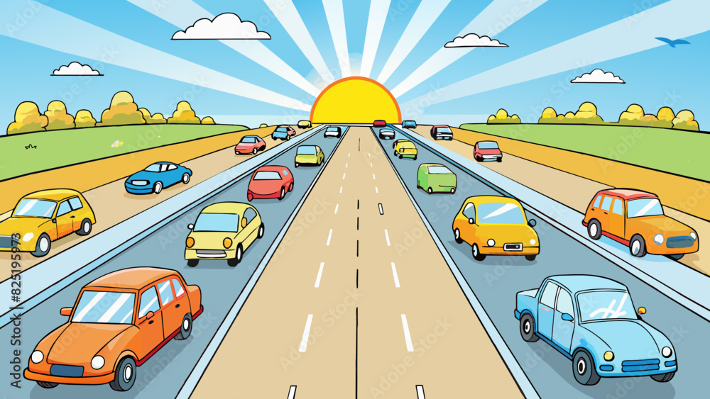 Poster a busy highway filled with cars of different makes and models. their shiny exteriors reflect the sun