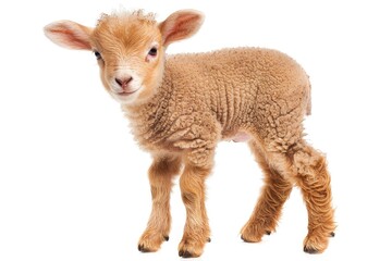 Fototapeta premium Adorable baby lamb with curly wool isolated on white background