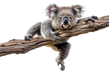 Fototapeta premium Adorable baby koala clinging to a branch isolated on white background