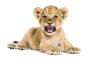 Obraz premium Adorable baby lion cub with a tiny roar isolated on white background