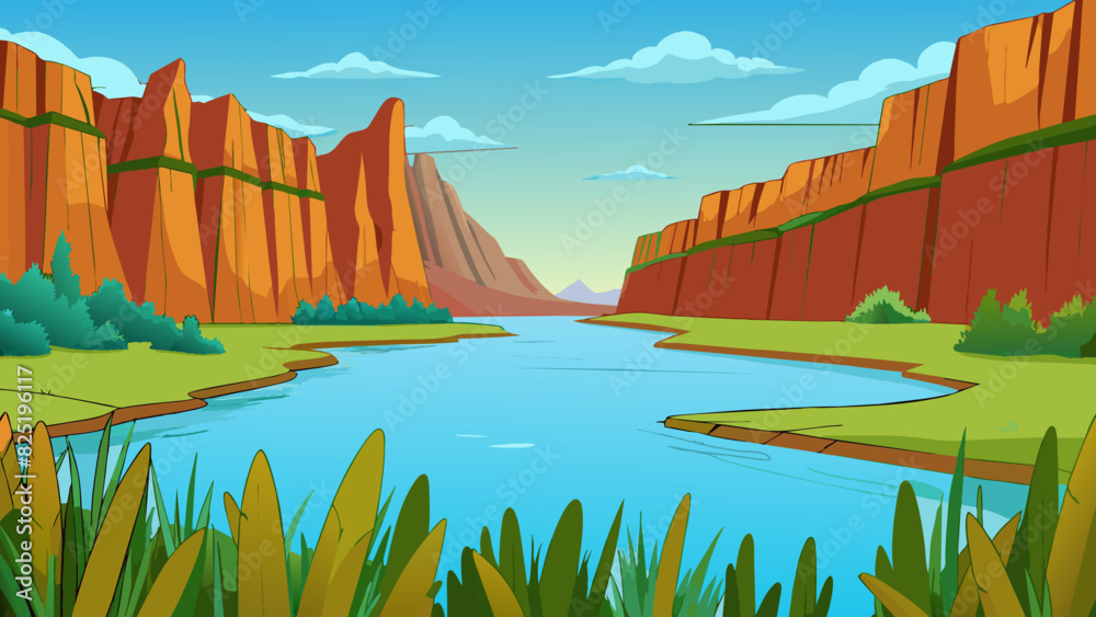 Poster a calm lake surrounded by tall swaying grasses and towering cliffs. the water is crystal clear refle