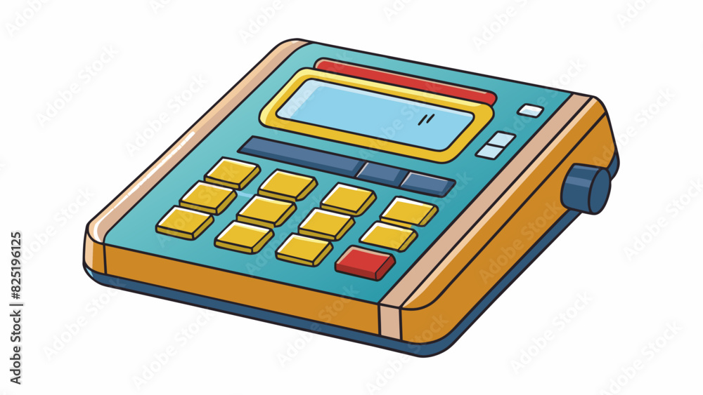 Aufkleber A calculator is a small electronic device with buttons and a screen that is used for performing basic and complex calculations. It has a rectangular. Cartoon Vector.