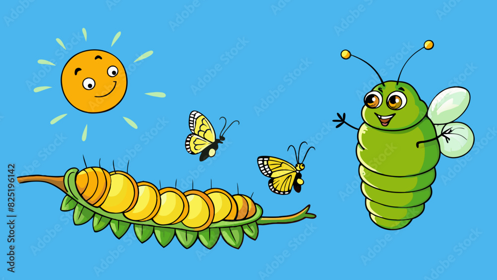 Poster A caterpillar spins a co around itself and undergoes a remarkable transformation within. Slowly it breaks free from its confinement and emerges as a. Cartoon Vector.