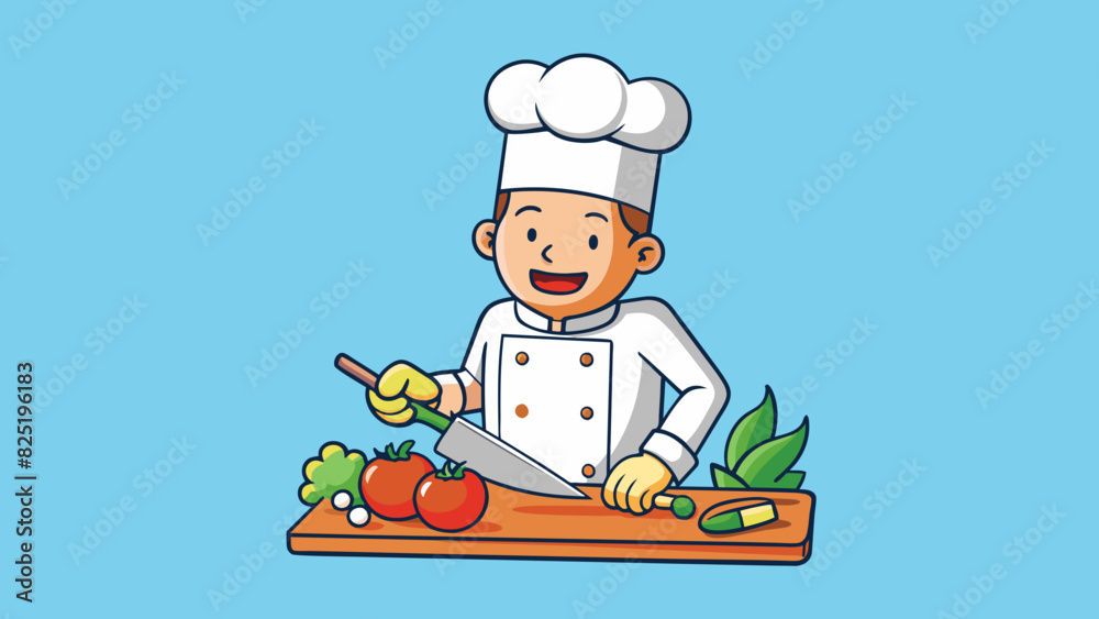 Poster A chef chopping vegetables with remarkable speed their hands moving in a blur as they expertly slice and dice. The steady rhythm of the knife hitting. Cartoon Vector.