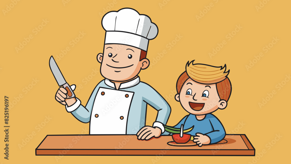 Poster A chef carefully instructs a kitchen novice on how to properly use a kitchen knife emphasizing the sharpness and importance of proper grip.. Cartoon Vector.