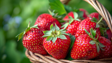 araffy basket of strawberries with green leaves in the background