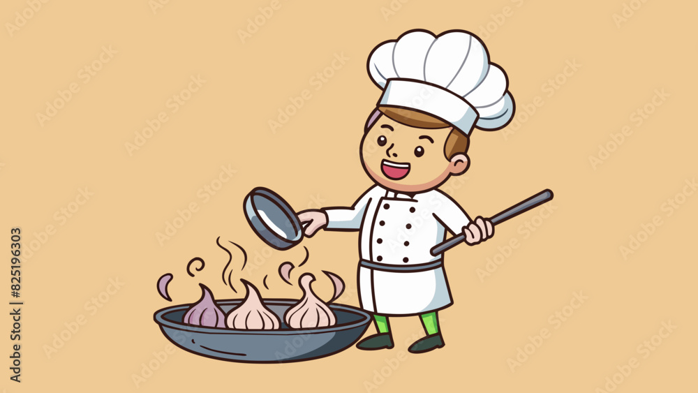 Fototapete A chef throws a fistful of diced onions into a sizzling pan creating a loud sizzling noise. The onions small even size and soft texture allow them to. Cartoon Vector.
