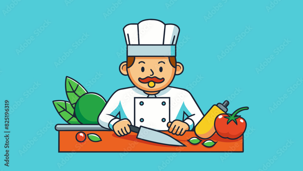 Poster A chef practicing their knife skills carefully chopping vegetables with precision and speed.. Cartoon Vector.