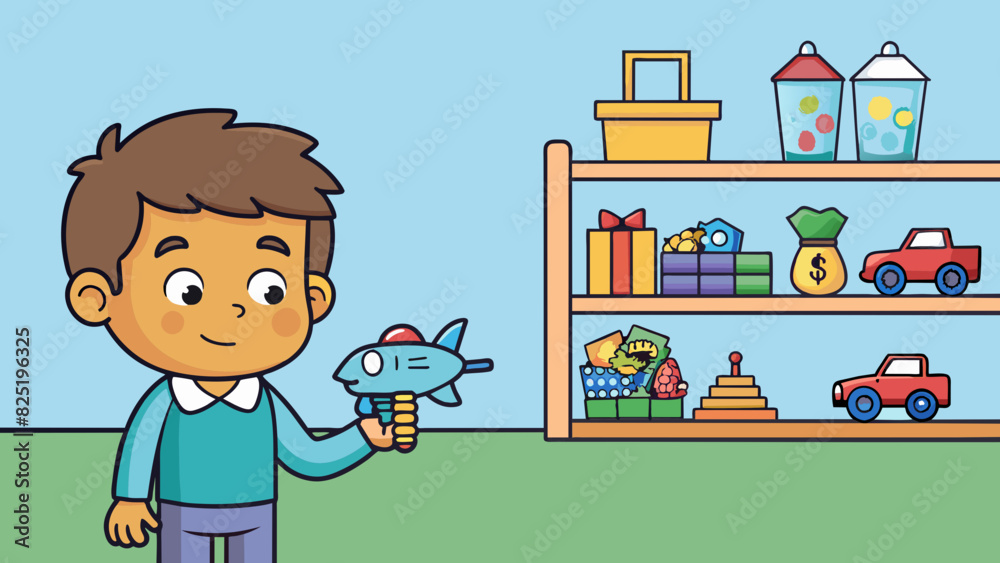 Leinwandbilder A child at a toy store trying to decide between a shiny expensive toy or a simpler practical toy. They must consider their budget and their immediate. Cartoon Vector.