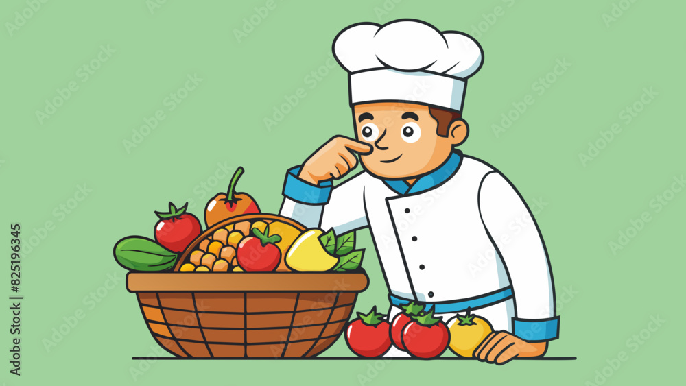 Poster A chef examining a basket of fresh produce smelling and touching each item to assess its riss firmness and flavor profile before incorporating it into. Cartoon Vector.