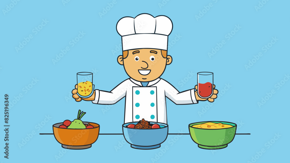 Poster A chef experimenting with two different flavors in a dish one traditional and the other fusion. They must make a decision on how to blend the flavors. Cartoon Vector.