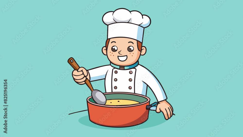 Poster A chef preparing a soup and adds a dash of salt for seasoning. The salt is small white and finely grained with a bit of a salty smell when you bring. Cartoon Vector.