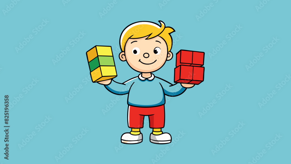 Poster A child has three blocks in one hand and four blocks in the other hand. They combine the blocks into one pile and now there are seven blocks in total.. Cartoon Vector.