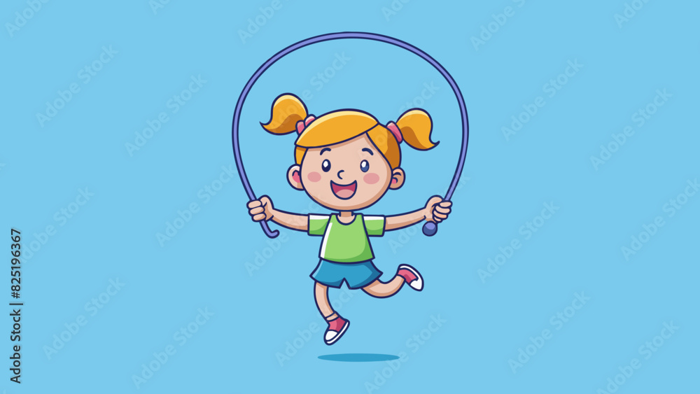 Poster A child playing with a jump rope is counting out loud as she jumps One two three four five... Each jump marks one second passing. The rope swings. Cartoon Vector.