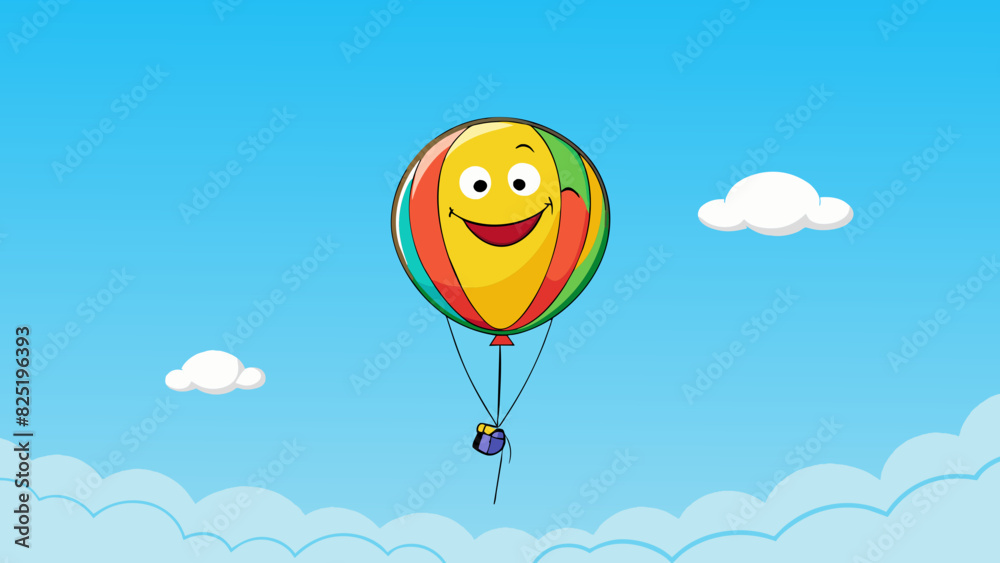 Poster a childs colorful balloon floating high in the sky with a big smiley face drawn on it representing a