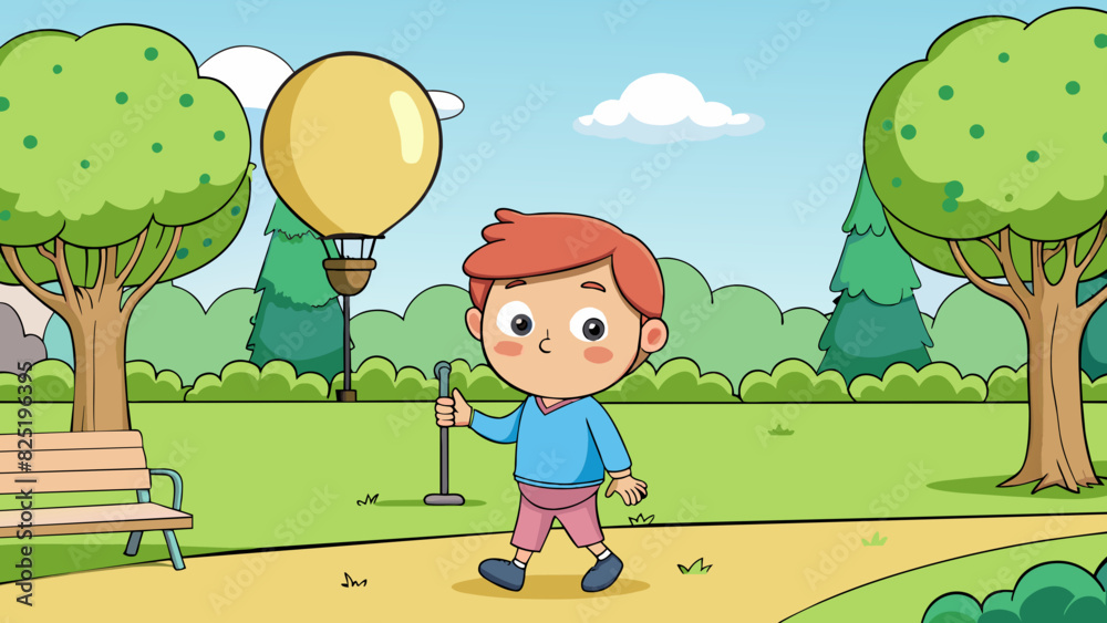 Poster A child holding onto a balloon string firmly with their fingers while walking in a park. The balloon is light and round with a shiny surface and the. Cartoon Vector.