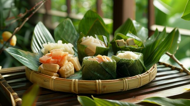 Traditional Thai desserts beautifully arranged on a wooden plate, featuring foi thong, thong yip, and thong yod surrounded by banana leaves