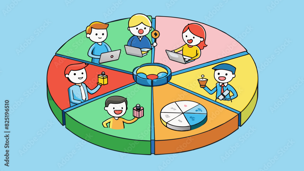 Poster A circular chart divided into equal sections each representing a different percentage of a companys profit distribution.. Cartoon Vector.