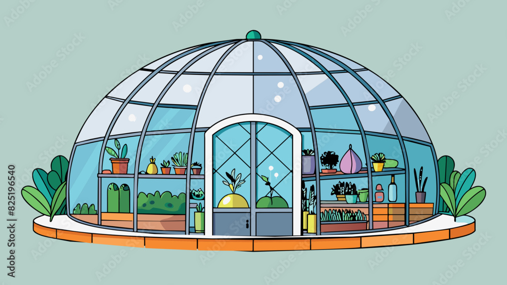 Poster a circular structure made of glass and metal with a domed roof and sliding doors. inside there are s