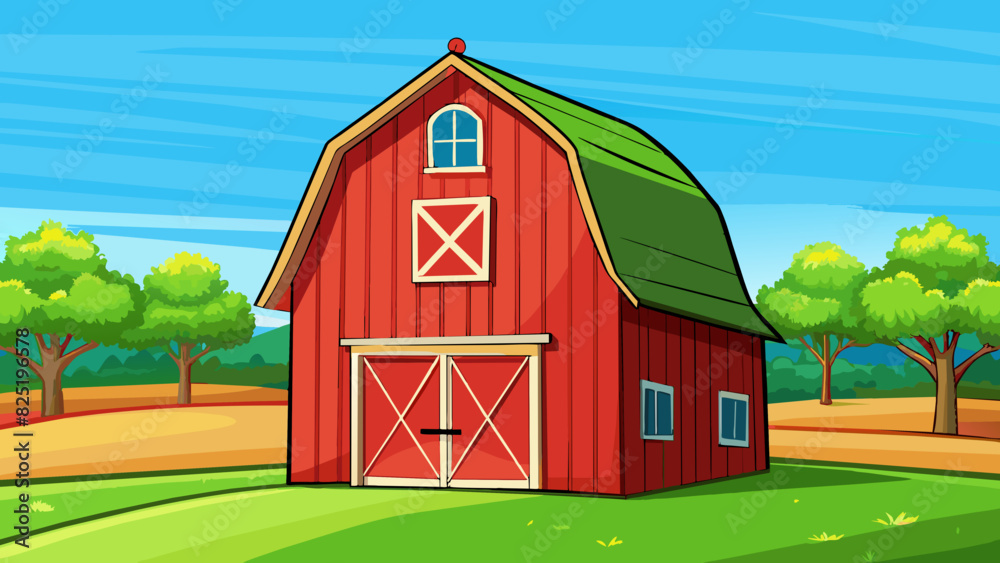 Poster a classic red barn with a sy wooden frame and a bright red paint job standing tall in a lush green f