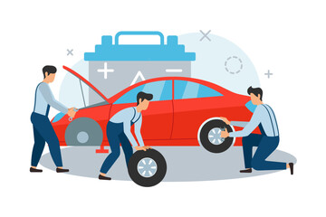 The men in an auto service repair a car, wheels, this is concept composition for a web design