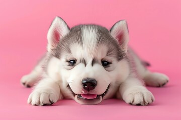 Fluffy Alaskan Malamute puppy on a pink background