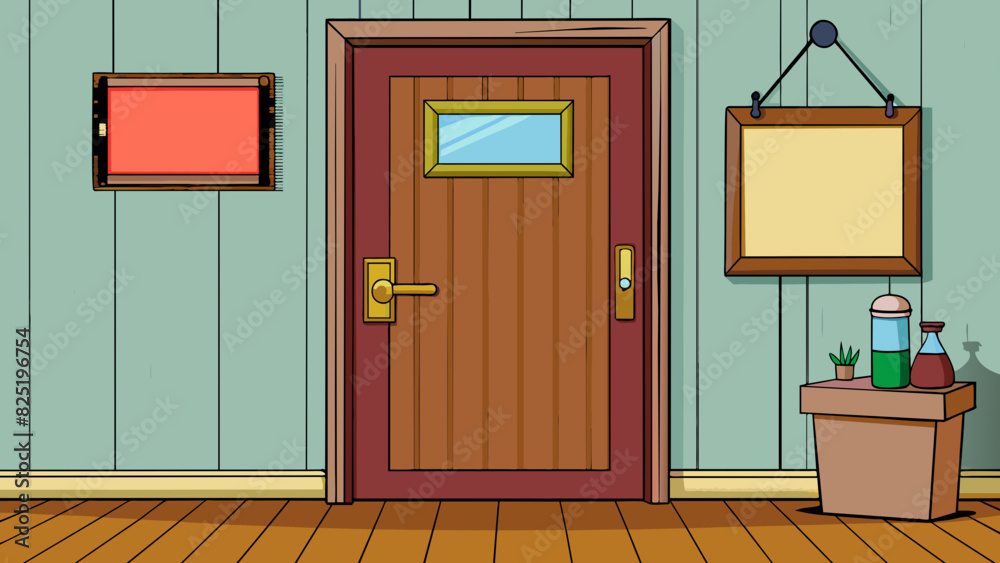 Poster A closed wooden door with a sign that reads occupied indicating that someone is inside the room.. Cartoon Vector.