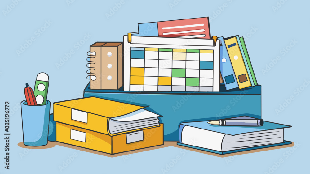 Poster A clutterfree desk with neatly stacked papers categorized folders and a clearly labeled calendar showcases the efficient management of tasks and. Cartoon Vector.