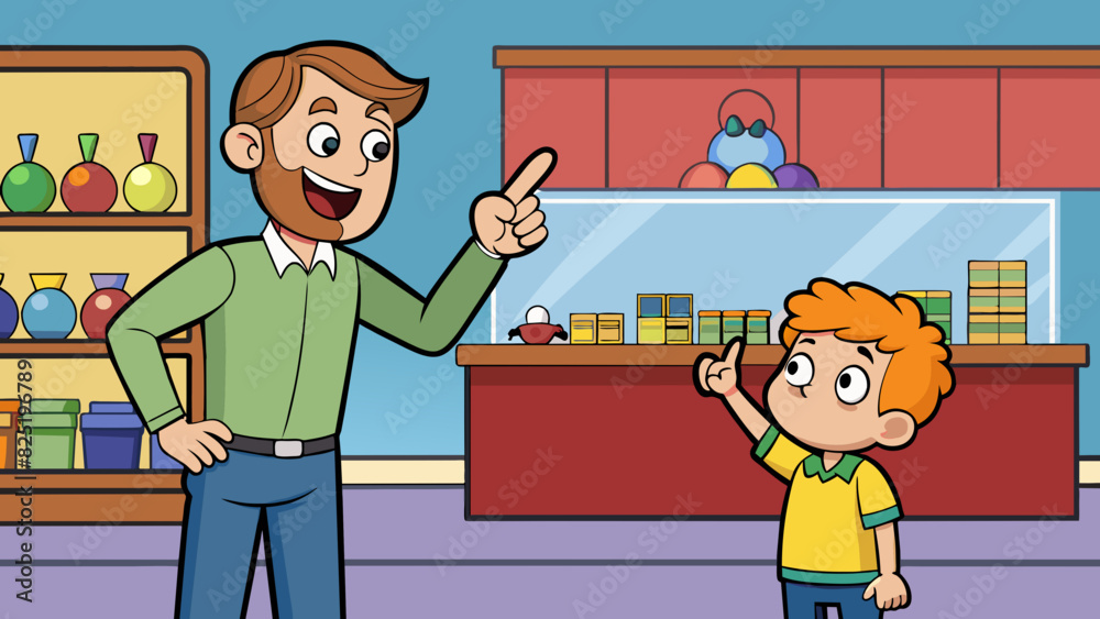 Poster a client is a parent with a young child at a toy store browsing through the aisles. the child is pul