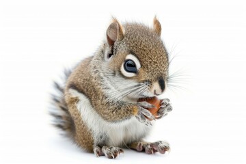 Fluffy baby squirrel holding an acorn isolated on white background