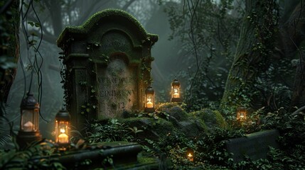 Time-worn tombstone buried under moss and ivy, glowing eerily in the dim evening light