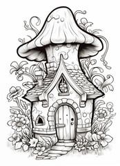 a black and white drawing of a mushroom house with a door