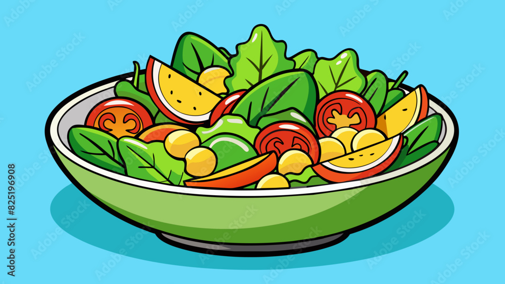 Poster a colorful salad with vibrant greens and an array of fresh vegetables. the greens are crisp and brig