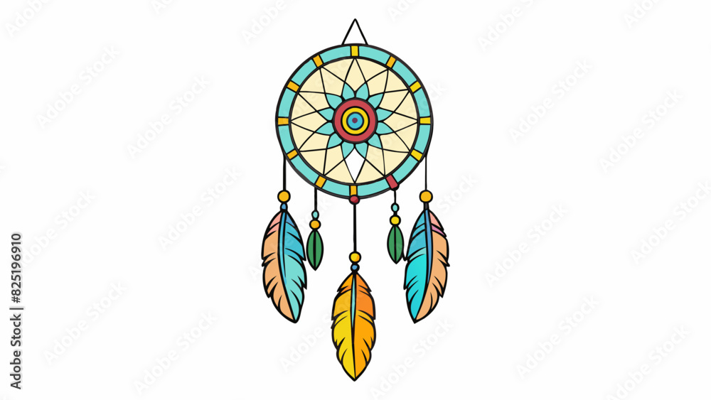 Poster a colorful handcrafted dreamcatcher with intricate weaving and dangling feathers believed to bring p