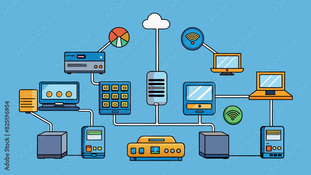 Poster A communication network system Comprises of routers servers and personal devices. The routers are small and boxshaped with antennas for sending and. Cartoon Vector.