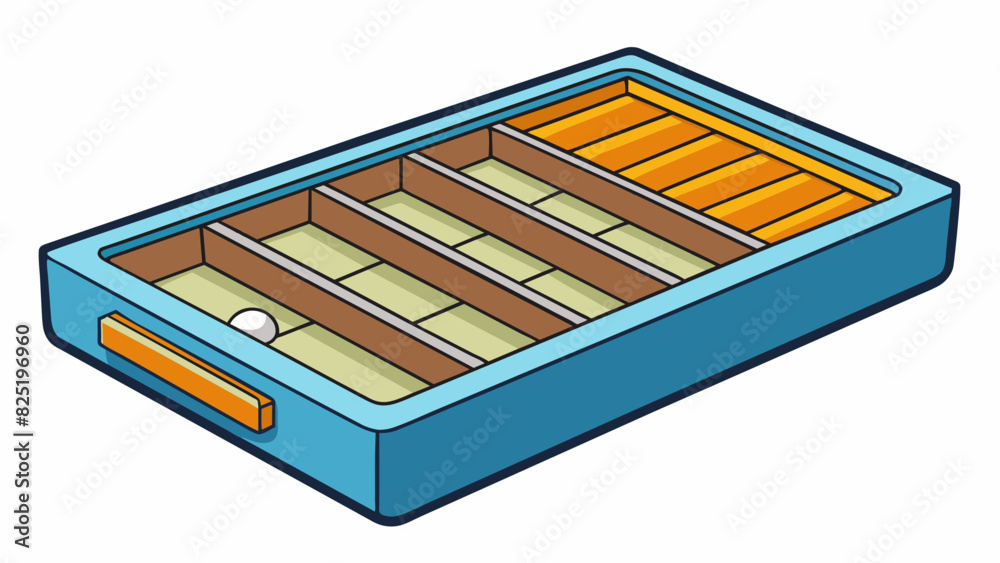 Poster A compact rectangular box with a pullout drawer and several small compartments inside. It is often used for storing small items such as jewelry office. Cartoon Vector.